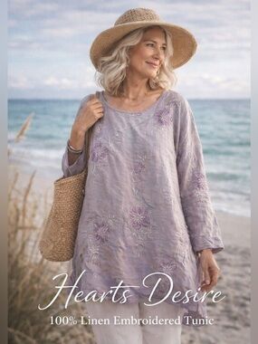 Hearts Desire Linen Tunic Lavender Embroidered Coastal Grandma Lagenlook Top L